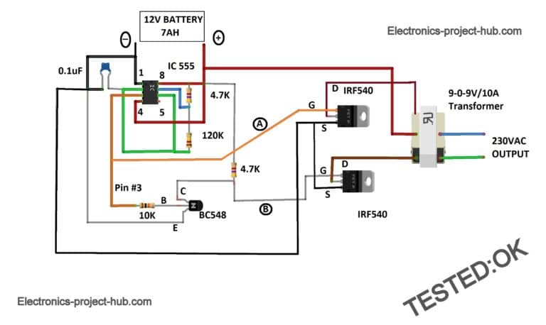 IC 555 Inverter Circuit Diagram DIY Electronics Projects   IC 555 Inverter Bb 768x458 