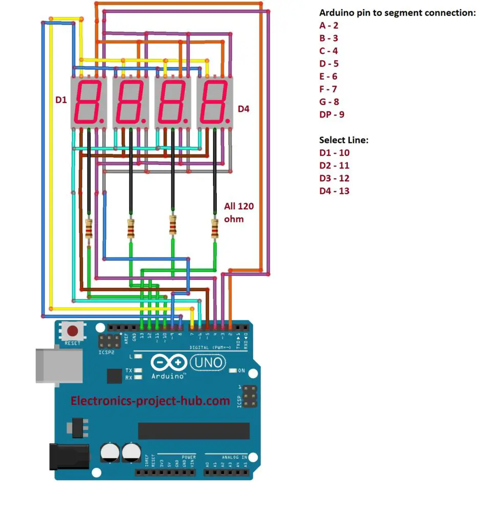 Circuit Diagram for multiplexing 7 segment display with Arduino